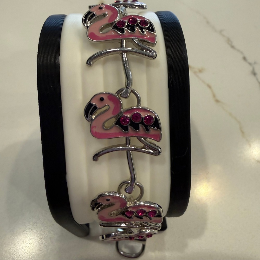 Pink Flamingo Link Bracelet Rhinestone Enamel Silver Tone Tropical Bird Fun